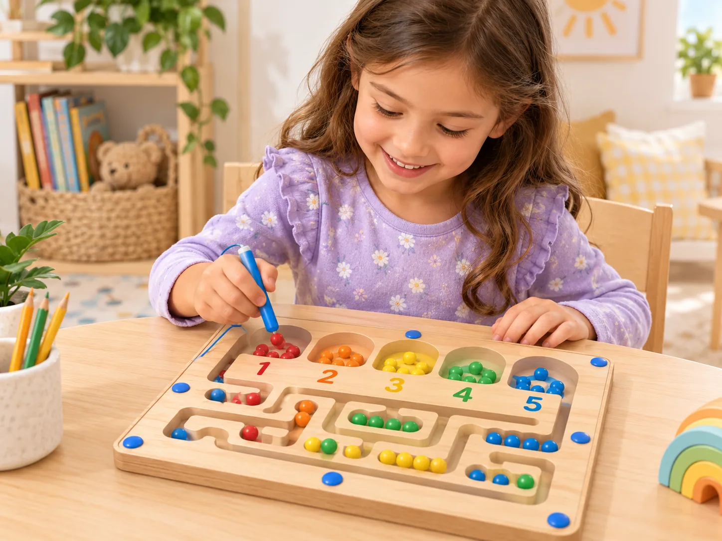 Niña usando un laberinto magnético de colores y números