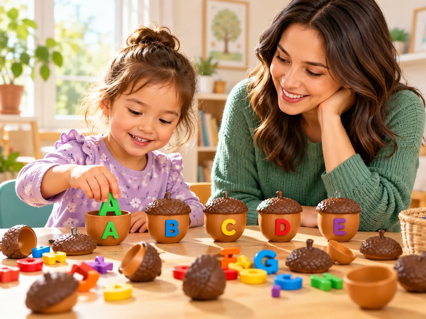 Niña y cuidadora explorando letras con bellotas educativas