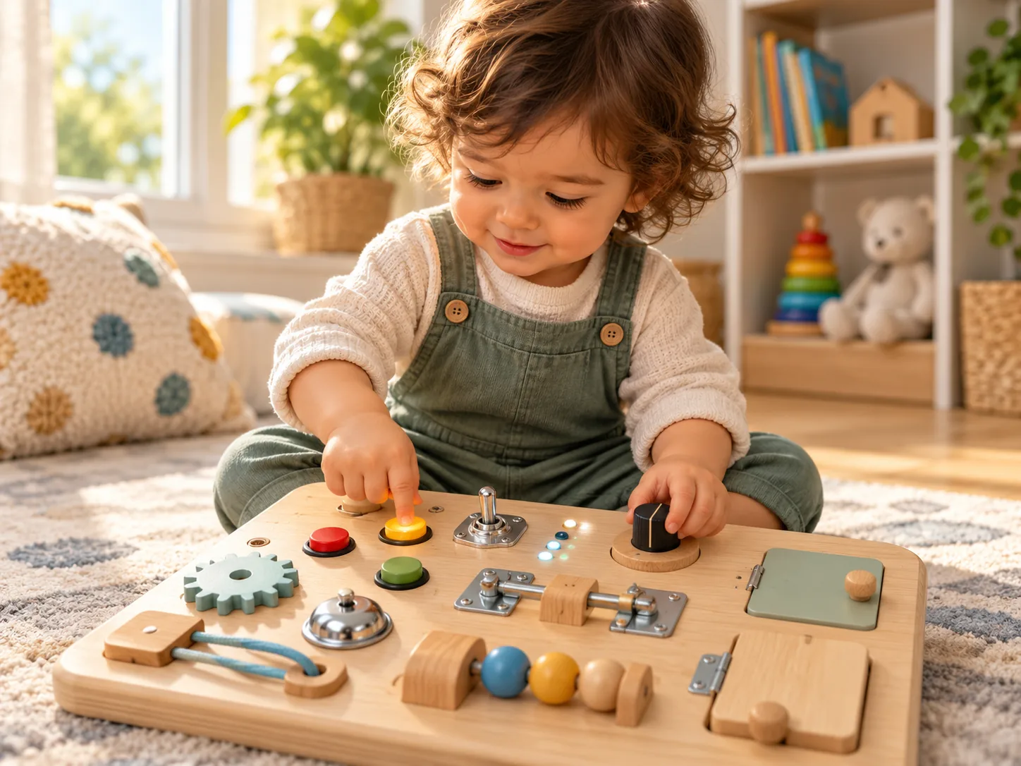 Niño pequeño explorando un tablero de actividades