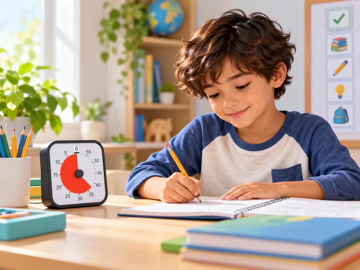 Niño haciendo actividades con un temporizador visual