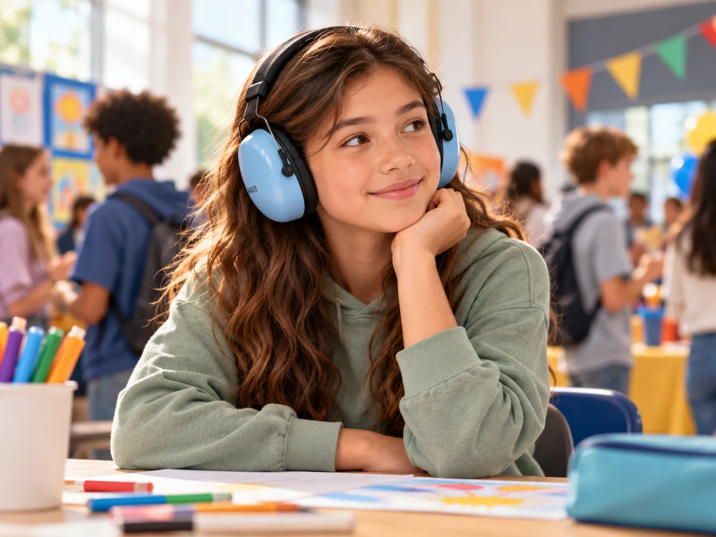 Adolescente utilizando protectores auditivos en una actividad escolar