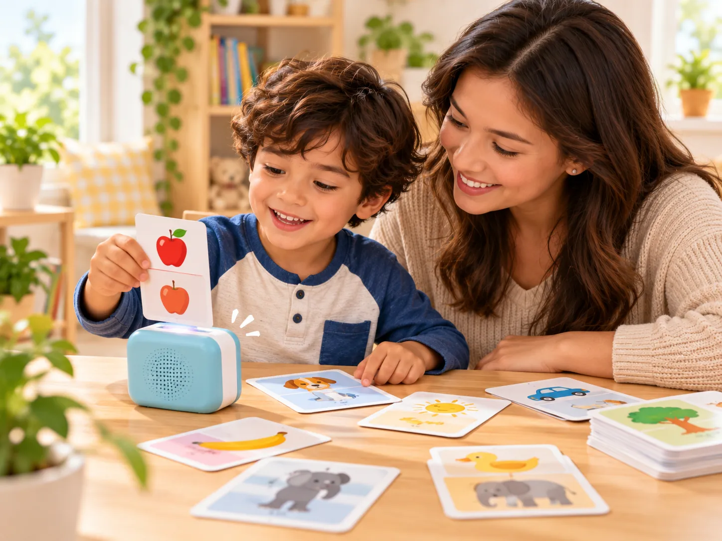Niño aprendiendo vocabulario con tarjetas y un lector electrónico