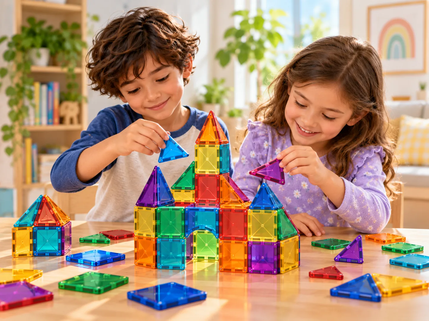 Niños construyendo con bloques magnéticos de colores