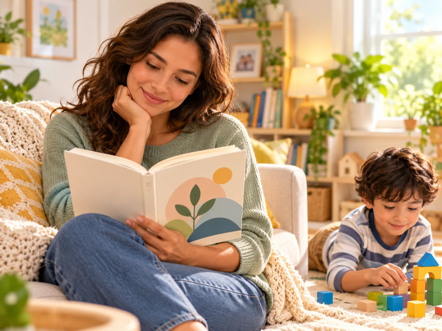 Madre leyendo un libro sobre crianza mientras su hijo juega
