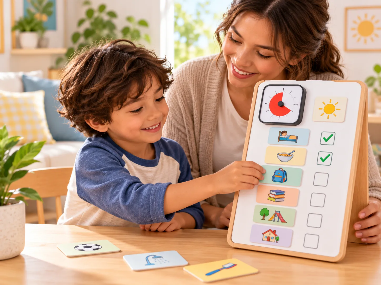 Madre e hijo utilizando un organizador visual de rutinas