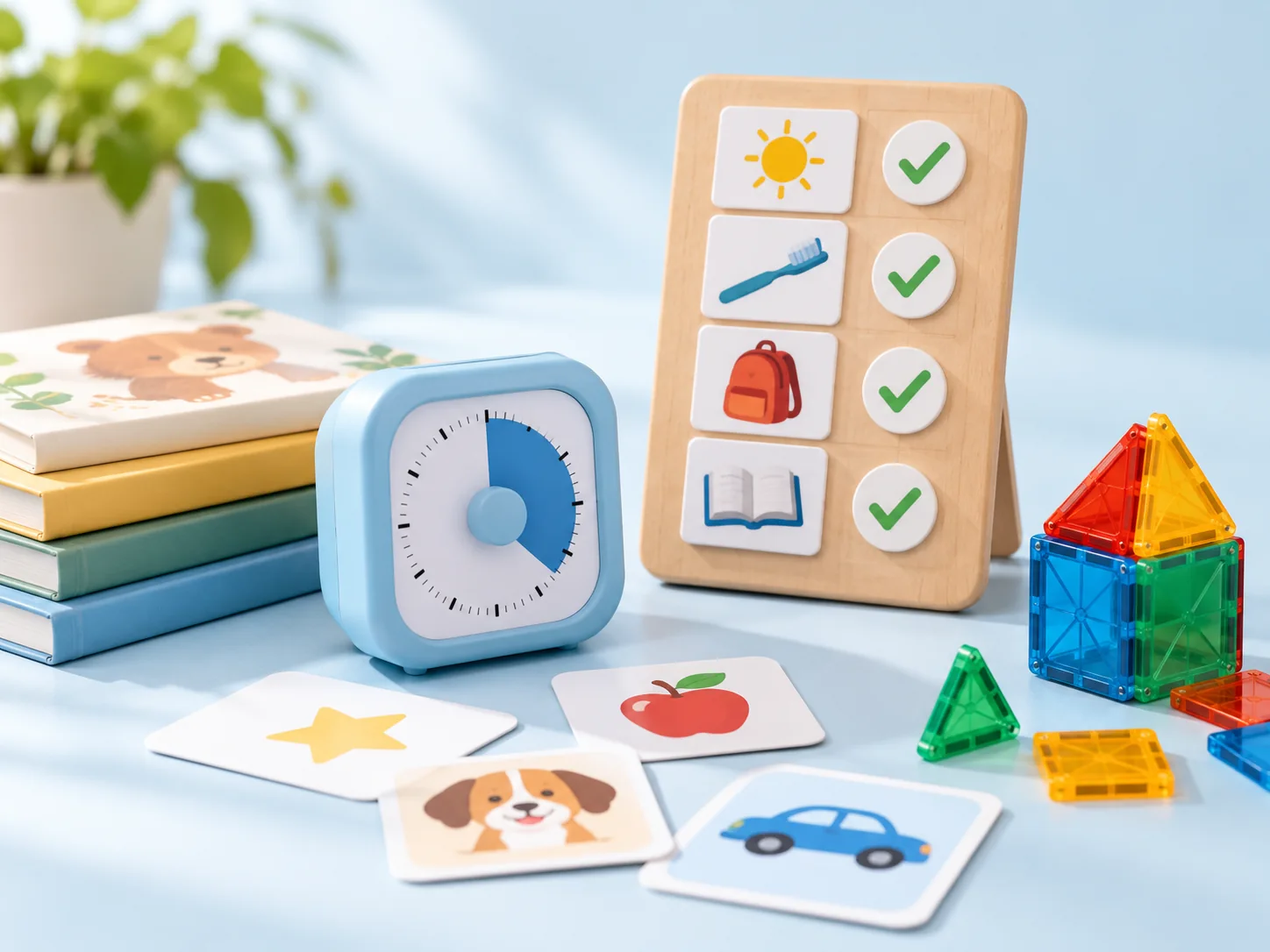 Temporizador visual, tablero de rutinas, tarjetas educativas, libros y piezas de construcción